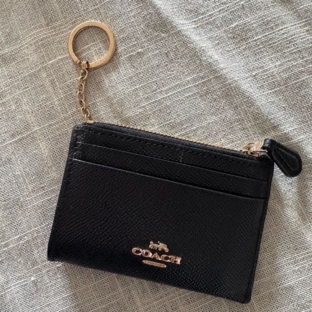 Coach Black Leather Card Holder Key Ring with Gold Hardware